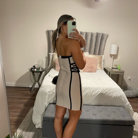 Strapless tan Bebe formal dress with black detail - Picture 2 of 5